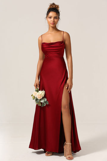 Enkel A Line Lace-Up Back Burgunder Long Bridesmaid kjole med Criss Cross Back